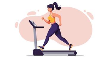 Woman running on treadmill exercising with focus and determination in fitness routine illustration vector