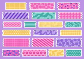 Set of washi tape stripes with hearts, cherries, strawberries, and checkers. Adhesive tapes with ornament. Trendy decorative scotch tape with ragged edges. Scrapbook stripes. Border elements. vector