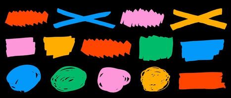 Collection of bold marker brush strokes with rough and expressive texture. Includes abstract ink smudges, grunge strokes, and freeform splashes, perfect for creative backgrounds and artistic designs. vector