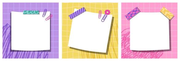 Templates for paper notes. Groovy cards for notes on purple, yellow, and pink checkered backgrounds. Kawaii paper sticky notes for reminders, memo messages, and planners. Back-to-school. vector