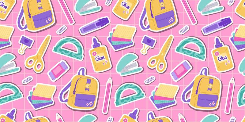 The school supplies pattern on a pink checkered background. Back to school. Education accessories Backpack, paper clip, ruler, pen, glue. Perfect for cards, textiles, ads, advertising and banners.
