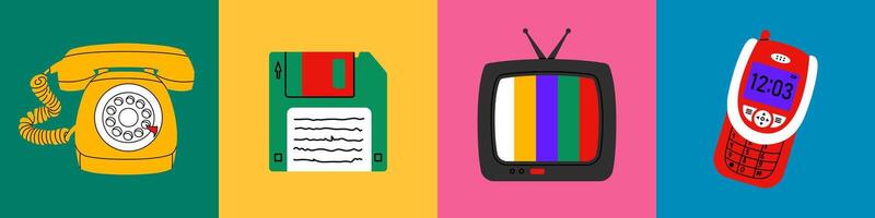 Retro technology icons featuring a rotary phone, floppy disk, old television, and early 2000s mobile phone. Bright background blocks highlight each nostalgic gadget. Isolated and bold vintage symbols. vector