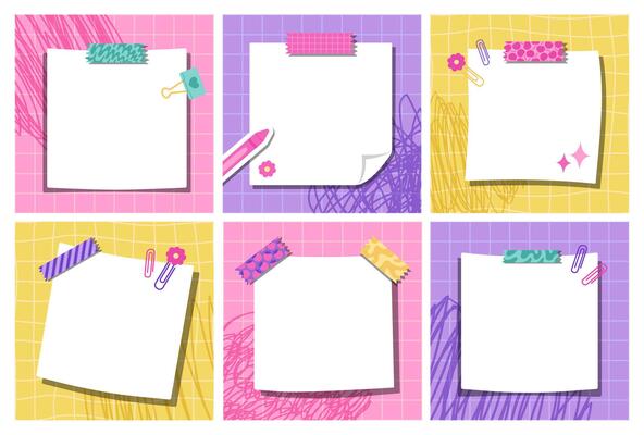 Collection of six kawaii note templates featuring school supplies. Each template is set against pink, purple, and yellow checkered backgrounds, ideal for planners, journals, or scrapbooking.