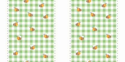 Seamless pattern with cute bees on a green gingham background. Perfect for spring and Easter-themed projects, textiles, gift wrap, and children's designs. Cheerful and fresh repeating layout. vector