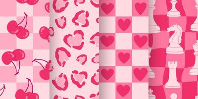 Set of four seamless patterns with cherries, hearts, leopard spots, and chess elements in pink tones. Y2K inspired design. Suitable for festive projects, packaging, and seasonal decorations. vector