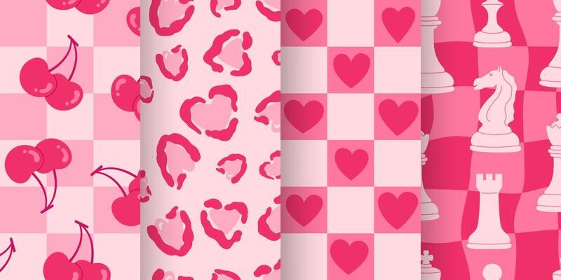 Set of four seamless patterns with cherries, hearts, leopard spots, and chess elements in pink tones. Y2K inspired design. Suitable for festive projects, packaging, and seasonal decorations.