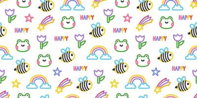 Seamless pattern featuring cute bees, rainbows, frogs, tulips, stars, and the word 'happy' on a white background. A cheerful design perfect for kids, spring and summer themes, and joyful projects. vector