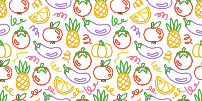 Seamless fruit pattern with apples, pineapples, tomatoes, eggplants, oranges, and pumpkins on a white background. Perfect for fabric, packaging, wallpaper, and kitchen decor. Fresh and organic theme.