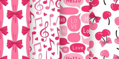 Set of four romantic patterns with pink bows, cherries, hearts, musical notes, and speech bubbles with sweet messages. Ideal for decorative projects, packaging, and creative themes. vector