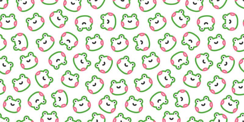 Seamless pattern with cute frog faces featuring green outlines and pink cheeks on a white background in korean style. Kawaii design, perfect for textiles, stationery, wallpapers, and kids products.