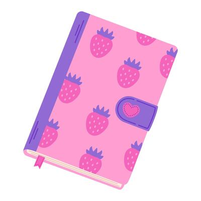 Illustration of a cute pink notebook with a purple spine and clasp, featuring a strawberry pattern and a small heart detail. Ideal for school supplies, stationery, or kawaii-themed designs.