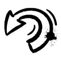 Bold black curved arrow with grunge ink splatter effect. Dynamic, thick stroke with rough edges, creating an expressive, urban style. Perfect for creative designs, highlighting, emphasizing elements. vector
