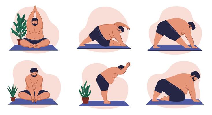 Overweight man performing various yoga poses in home environment with plants and calm atmosphere illustration