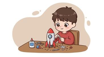 Young boy assembling rocket model kit at table with glue and screws illustration vector