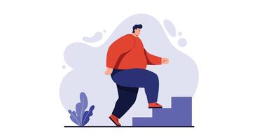 Man climbing stairs demonstrating progress and motivation in simple illustration with blue and red colors vector