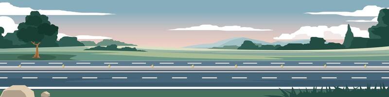 Horizontal or landscape four lane asphalt road. On the wide grassland with grass and trees growing on the side of the road. Soft colors of the mountains and a calm evening sky. vector