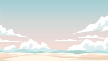 Atmosphere of the dry desert landscape with soft soothing colors. Background is a beautiful mountain range under a soft blue sky and beautiful white clouds. vector