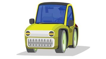 Cartoon of mini car yellow color. Can view inside car with driving man. With shadow on isolated white background. vector