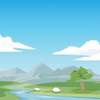 poster of square picture. River flows through the hills. both sides are full of green grass. The empty background is mountains and blue sky with white clouds. vector