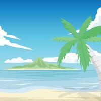 poster of square travel trip to sea beach. clean and beautiful beach is inviting for swimming. Coconut tree for background with shadow. Island with green area under blue sky and white clouds. vector