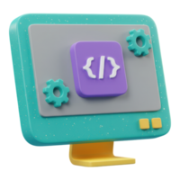 Modern 3D Computer Monitor Displaying Programming Code and Gear Symbols png
