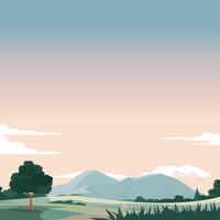 poster of square picture. Long dirt road that curves up a hill. Passing through a vibrant green landscape with trees. Mountains under a evening sky with fluffy white clouds. vector