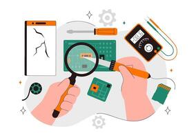 Flat Style Illustration of a Damaged Smartphone Being Repaired in a Workshop Scene vector