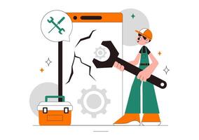 Mobile Device Maintenance Illustration with Broken Display and Cartoon Background vector