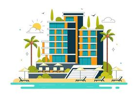Flat Style of a Seaside Tropical Resort with Lush Palm Trees vector