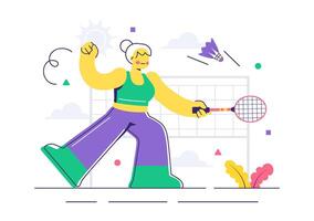Badminton Game Illustration Featuring Player Swinging Racket in Flat Cartoon Style vector