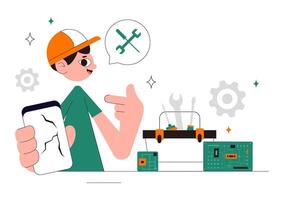 Mobile Gadget Fixing Illustration Featuring Broken Screen and Flat Background Design vector