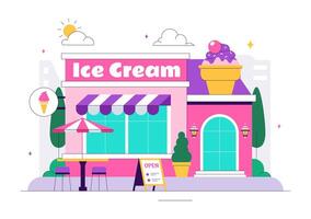 Flat Design of Ice Cream Parlor Building with Sweet Dessert Elements vector