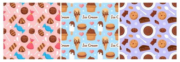 Melted Chocolate Dessert Pattern with Cakes and Sweets in a Fun Flat Style vector