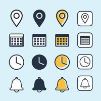 Date, time, address and notification bell icon set. business calendar schedule reminder clock sign and symbols, place pointer map event time elements isolated vector