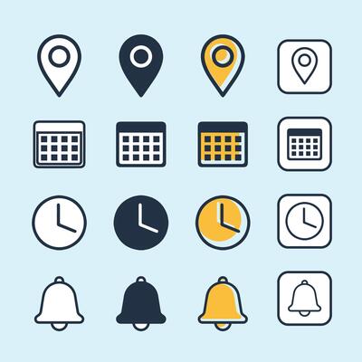 Date, time, address and notification bell icon set. business calendar schedule reminder clock sign and symbols, place pointer map event time elements isolated