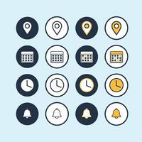 Date, time, address and notification bell icon set. business calendar schedule reminder clock sign and symbols, place pointer map event time elements vector