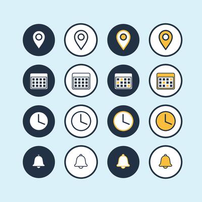 Date, time, address and notification bell icon set. business calendar schedule reminder clock sign and symbols, place pointer map event time elements