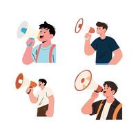 Four people using megaphones, expressing a message. vector