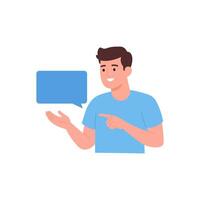 Illustration of a happy young man pointing at a blank speech bubble vector