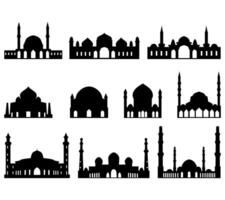 A set of mosque silhouette building illustrations featuring various architectural styles, ideal for Islamic themes, religious events, and cultural design projects. vector