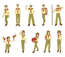 A character illustration set featuring senior scouts in uniform with various poses and activities, perfect for scouting, education, and adventure themed designs. vector