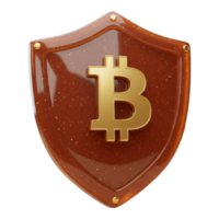 Golden Bitcoin Symbol on a Glossy Brown Security Shield 3D Render for Digital Asset Protection png
