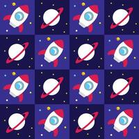 Seamless pattern of rockets and Saturn planets in a playful space theme. Great for kids designs, sci-fi projects, space wallpapers, and cosmic illustrations. vector