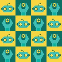 Seamless pattern of robot heads and wrenches in a fun, cartoon style. Ideal for kids products, tech themed designs, toys, wrapping paper, and educational materials. vector