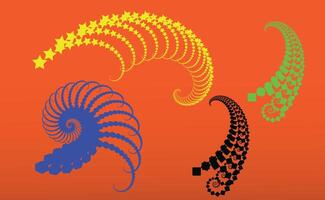 Multi-color spiral swirl design with stars and dots in radial pattern on orange background vector
