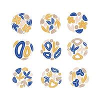 Contemporary round composition set. Hand drawn illustration. Colorful modern art style elements in circle shape isolated on white background. Various multicolor abstract drawings, decorative artwork vector