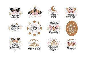 Celestial butterfly illustration. Mystical moth with moon phases. Magical insect on white background. Magic vibes only quote, trendy phrase. Design for poster, card, t shirt print. vector