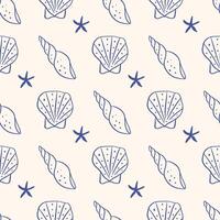 Hand drawn coastal pattern with whimsical seashell. Marine life illustration. Sea shells sketch on beige background. Underwater drawing, aquatic print for fabric, wrapping paper, textile vector