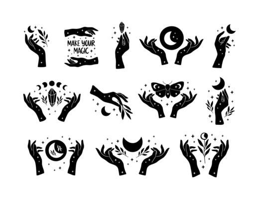 Witch hands illustration set. Moon phases, mystical crystal. Black hand drawn boho poster. Astrology, esoteric symbol. Witchcraft concept for celestial t shirt print, magic card, logo, tag.