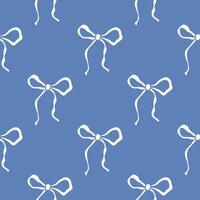 Hand drawn charming bows pattern. Cute ribbon bow drawing. Whimsical bows on blue background. Coquette style illustration. Rococo print for fabric, wrapping paper, textile vector